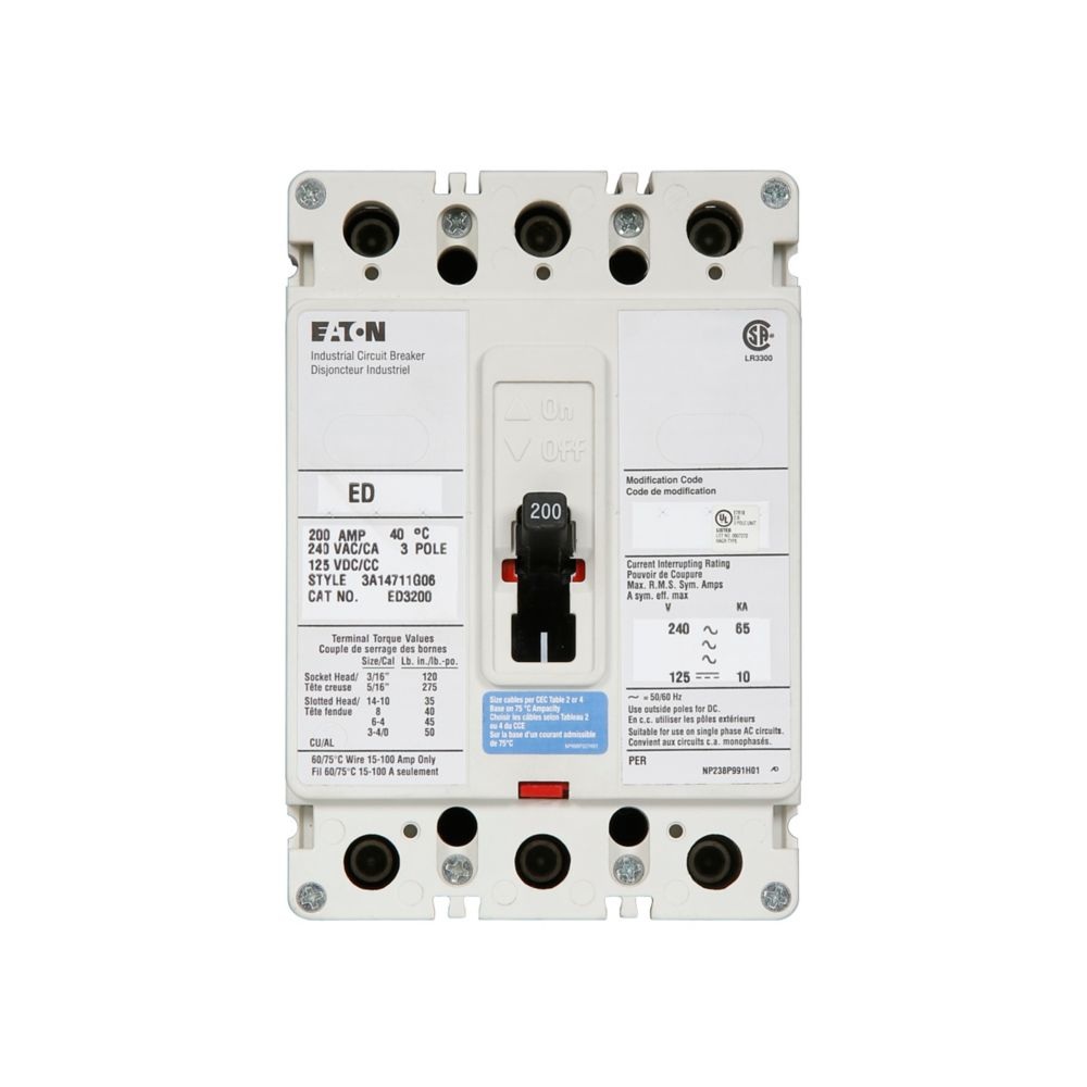Interruptor Breaker 3X200A Termomagnético Eaton Cutler-Hammer ED3200L | 3 Polos 200A 240V Caja Moldeada